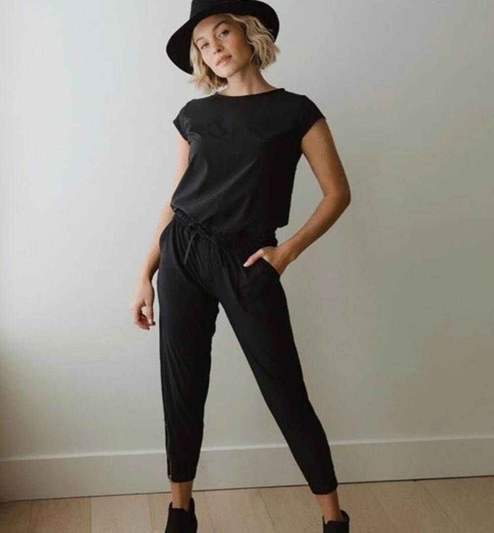 Albion Fit Black Jumpsuit XS Cap Sleeve Drawstring Waist Stretch Travel